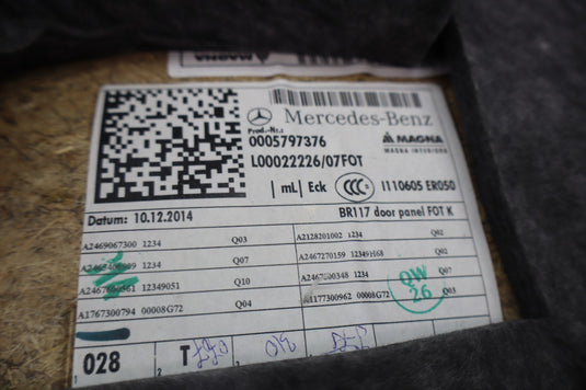 14-19 Mercedes W117 CLA250 Rear Left Driver Side Interior Door Trim Panel Oem