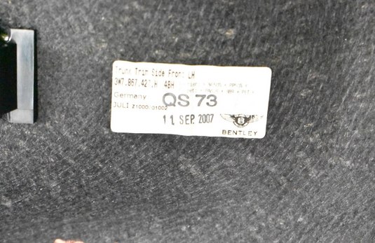 07-11 Bentley Continental GTC Rear Left Side Inside Trunk Carpet Cover Panel Oem