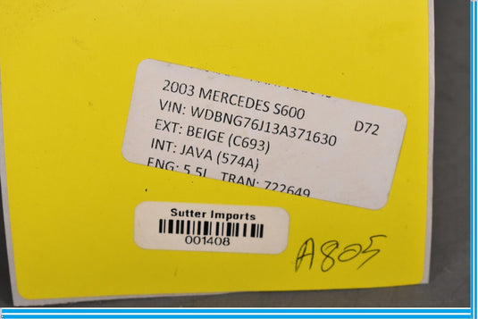 00-06 Mercedes S500 S600 W220 Rear Right Passenger Side Window Regulator Oem