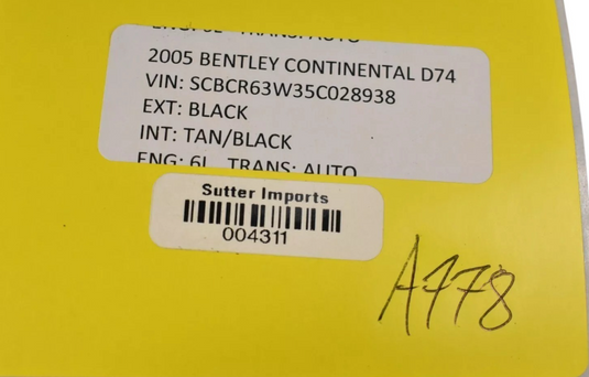 03-13 Bentley Continental Auto Floor Shifter Gear Shift Lever Knob Black Oem