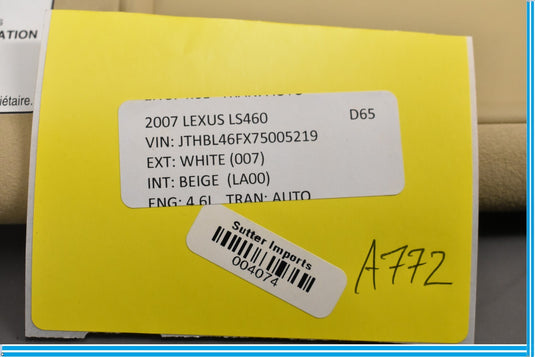 07-09 Lexus LS460 Right Passenger Side Upper Roof Shade Sun Visor Sunshade Oem