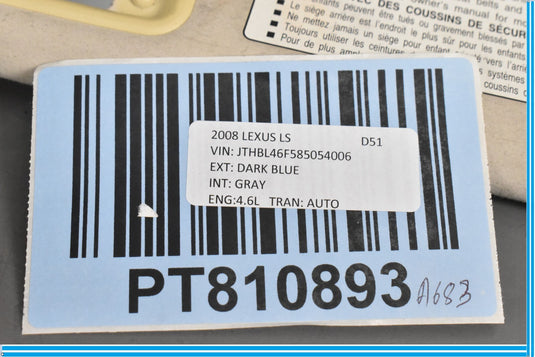 07-09 Lexus LS460 LS600hL Left Driver Sunvisor Sun Visor Gray Oem