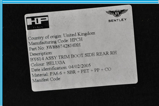 03-10 Bentley Continental GT Coupe Rear Right Trunk Quarter Trim Cover Panel OEM