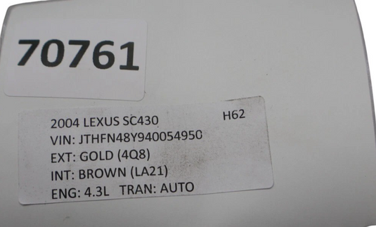 02-10 Lexus SC430 Front Right Passenger Side Door Window Auto Glass Panel OEM