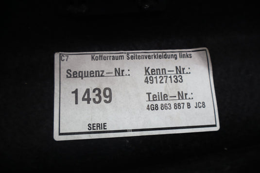 12-18 Audi A7 A7 Quattro Rear Left Driver Side Trunk Access Boot Lining Trim Oem